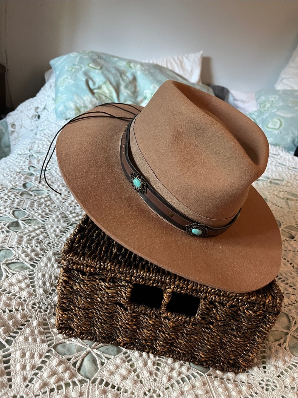 GIGI PIP Brown Felt Fedora with Turquoise Conchos
